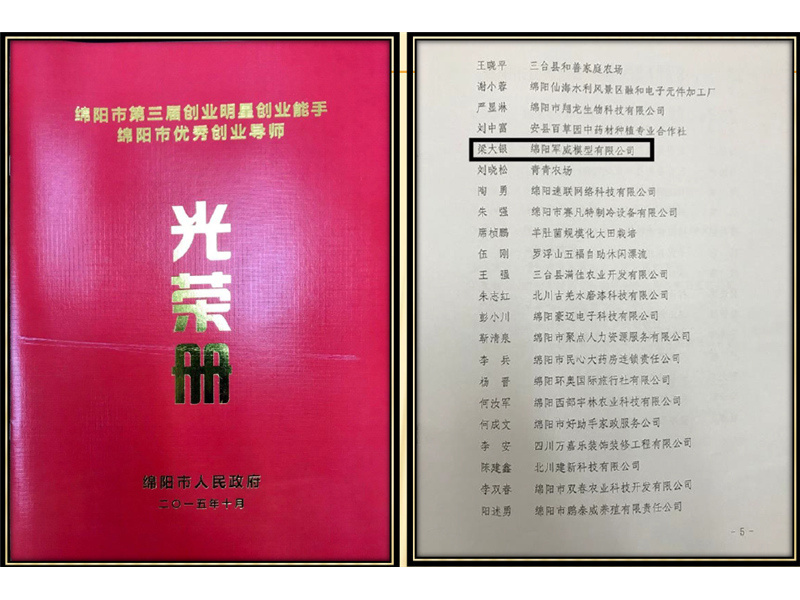 2015年我公司被綿陽市人民(mín)政府評為(wèi)“綿陽市第三屆創業能(néng)手單位”